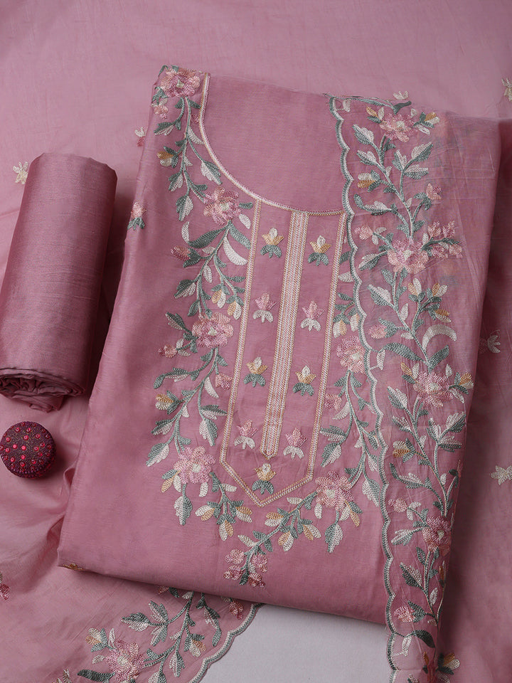 Pink Chanderi Embroidered Unstitched Dress Material