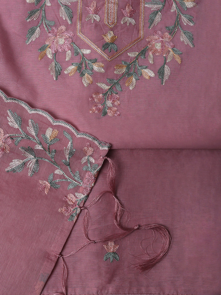 Pink Chanderi Embroidered Unstitched Dress Material