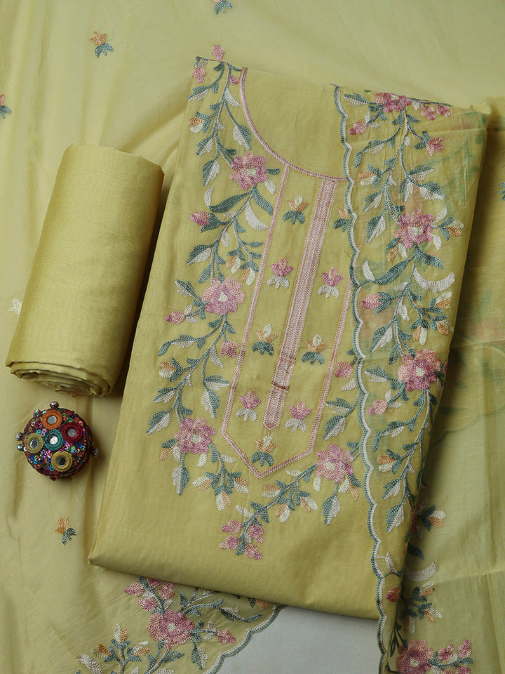 Yellow Chanderi Embroidered Unstitched Dress Material