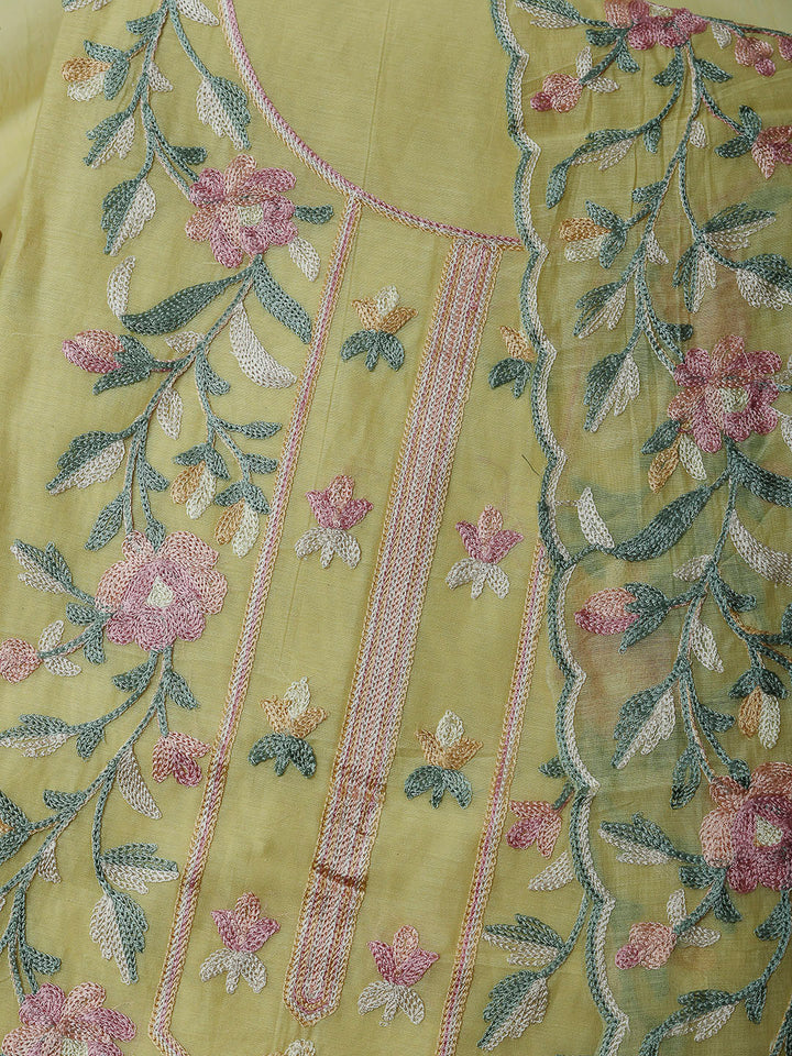 Yellow Chanderi Embroidered Unstitched Dress Material