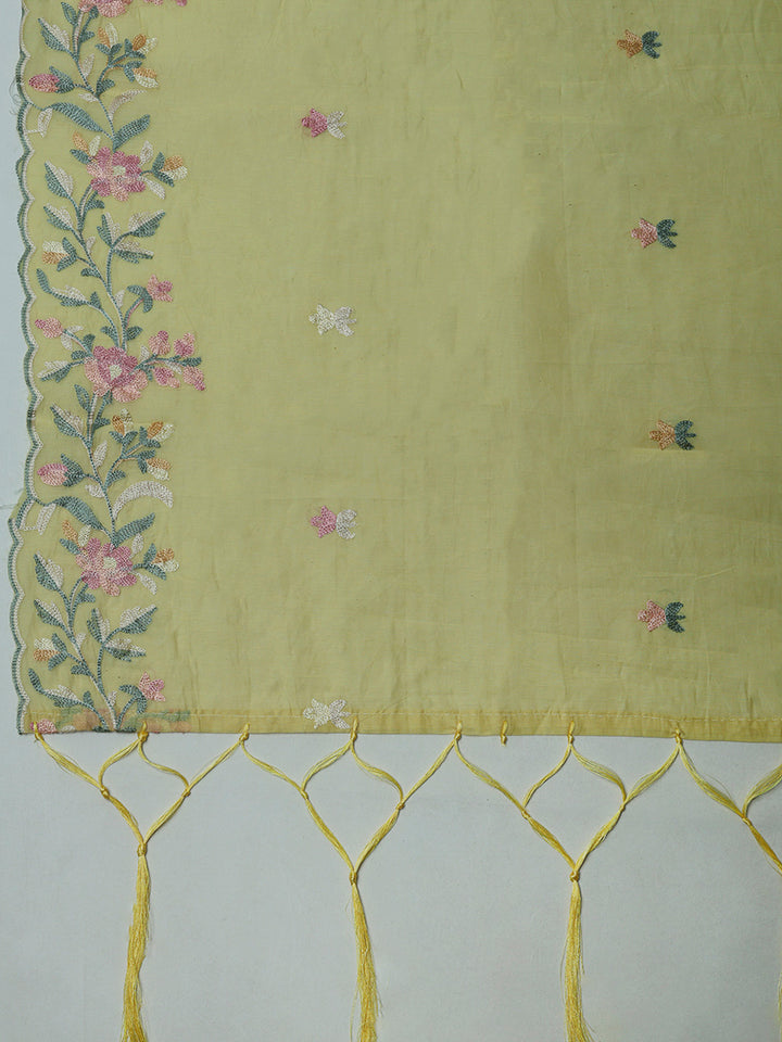 Yellow Chanderi Embroidered Unstitched Dress Material