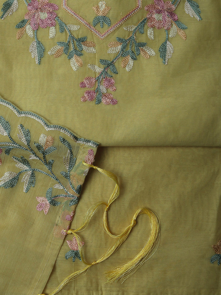 Yellow Chanderi Embroidered Unstitched Dress Material