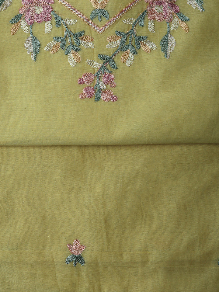 Yellow Chanderi Embroidered Unstitched Dress Material