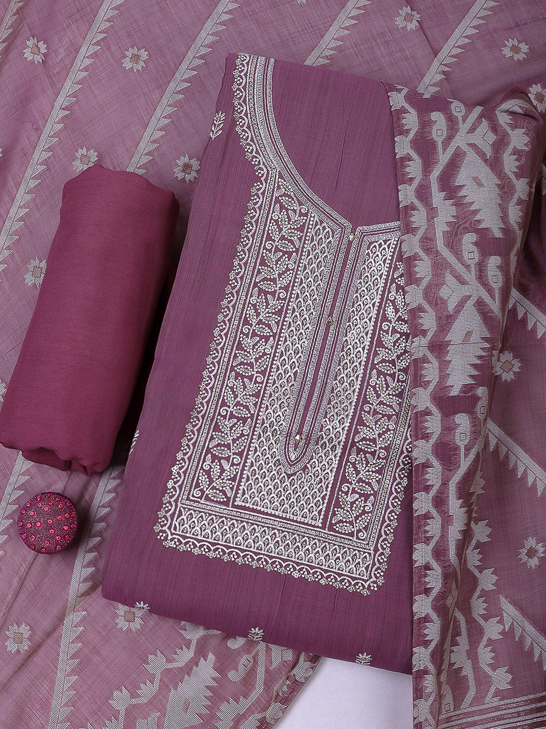 Mauve Cotton Blend Embroidered Unstitched Dress Material