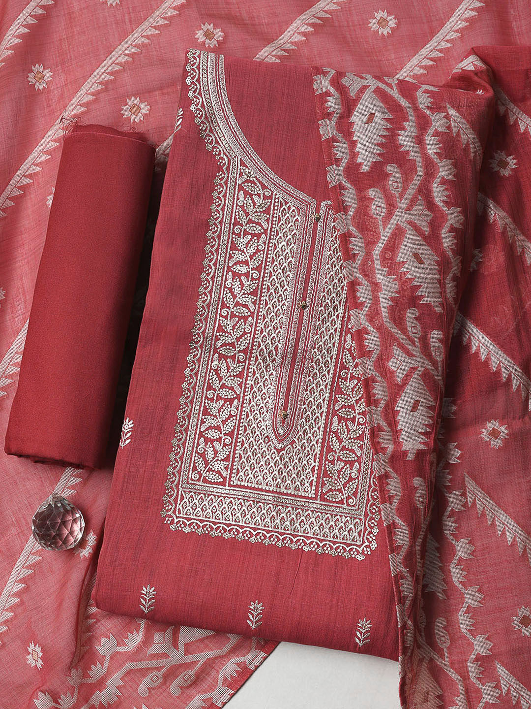 Pink Cotton Blend Embroidered Unstitched Dress Material