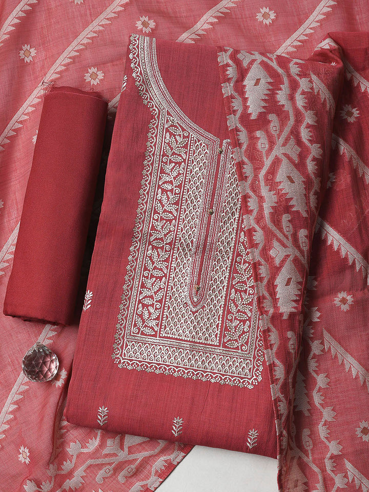 Pink Cotton Blend Embroidered Unstitched Dress Material