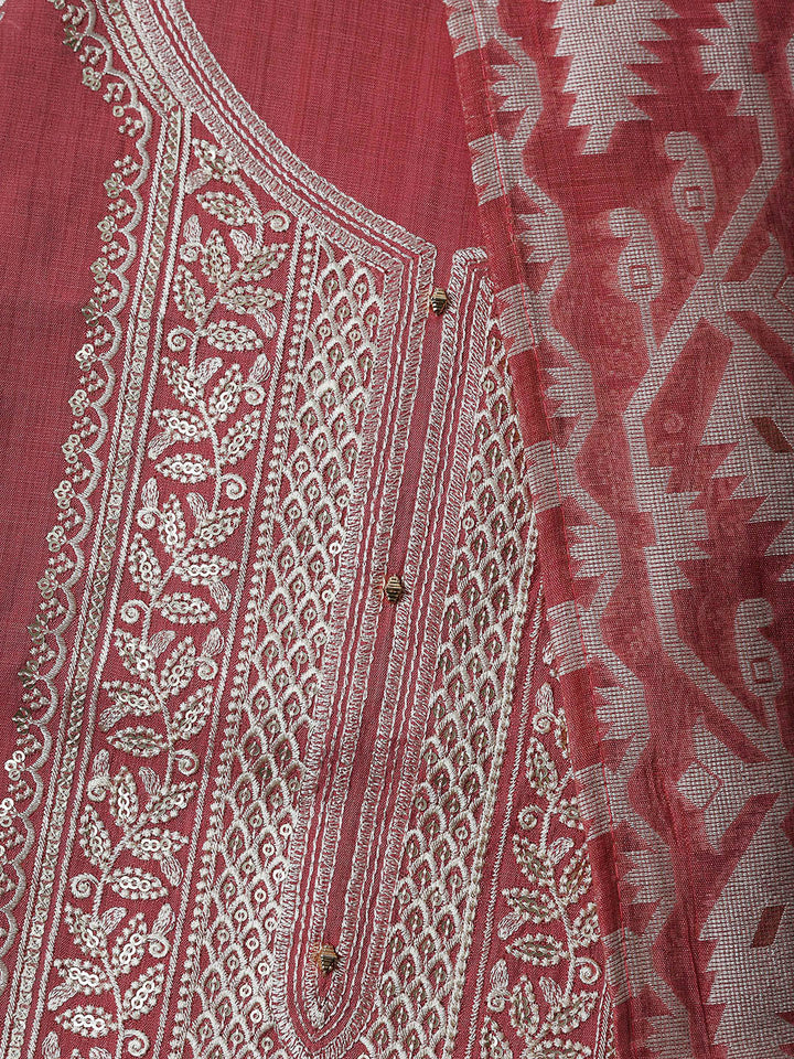 Pink Cotton Blend Embroidered Unstitched Dress Material