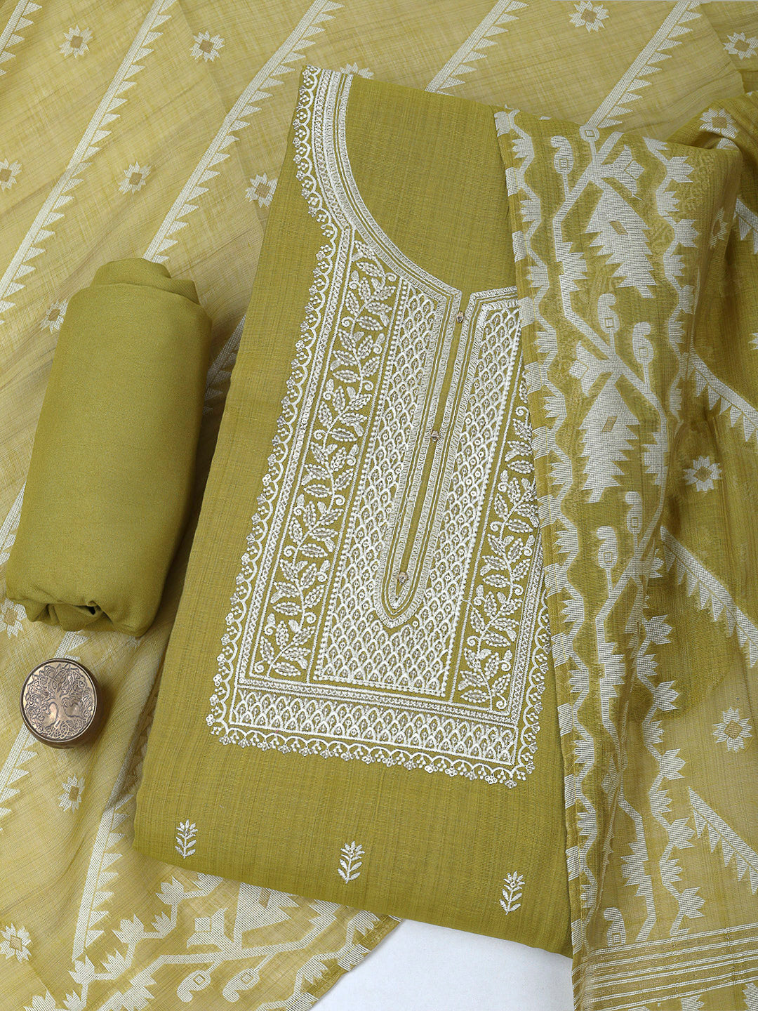 Pista Green Cotton Blend Embroidered Unstitched Dress Material