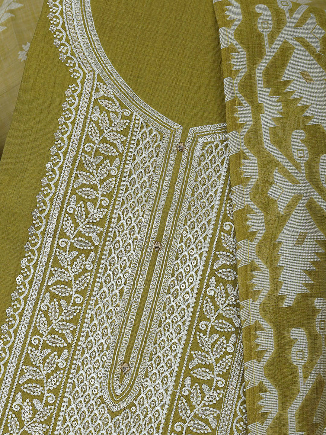 Pista Green Cotton Blend Embroidered Unstitched Dress Material