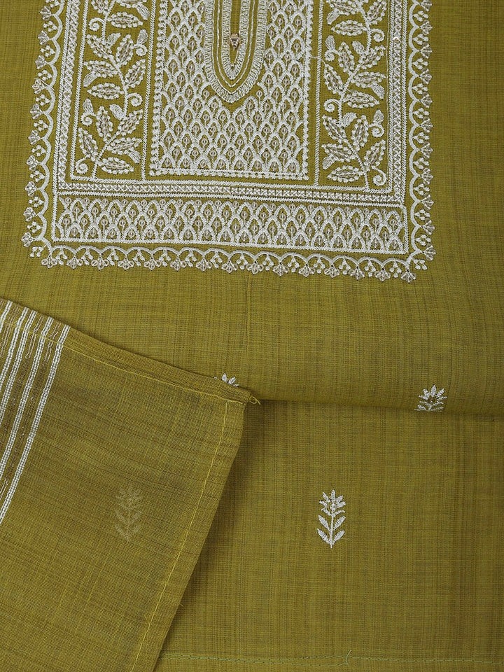 Pista Green Cotton Blend Embroidered Unstitched Dress Material