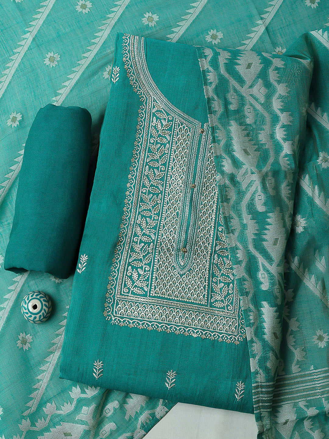 Sea Green Cotton Blend Embroidered Unstitched Dress Material
