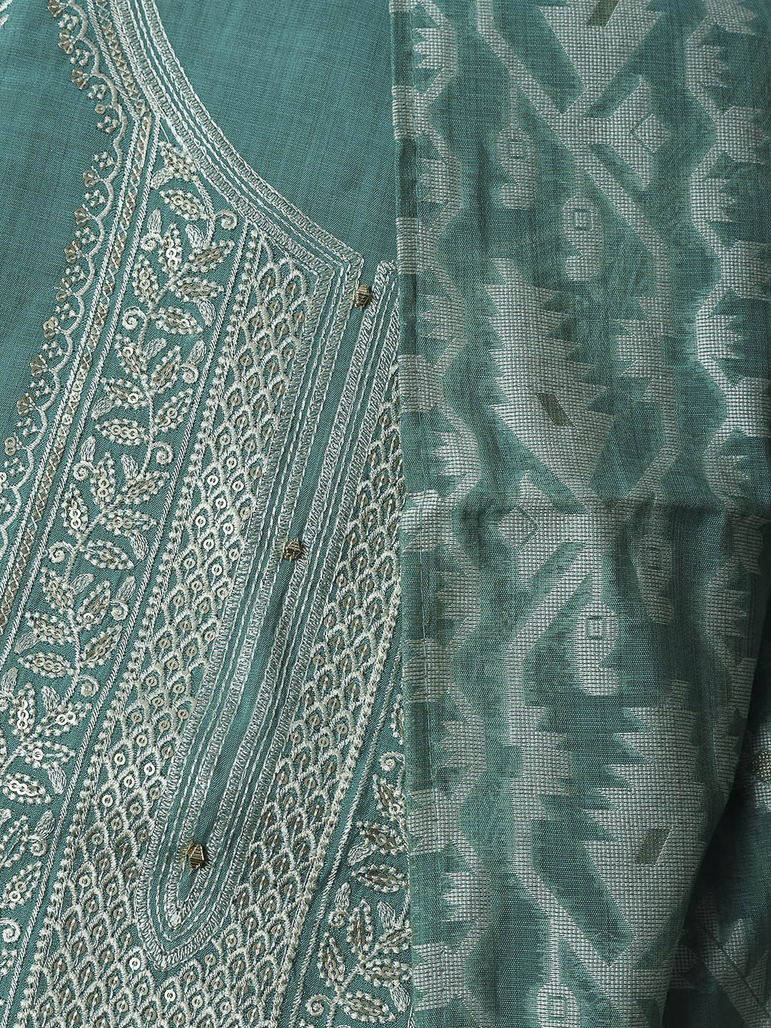 Sea Green Cotton Blend Embroidered Unstitched Dress Material