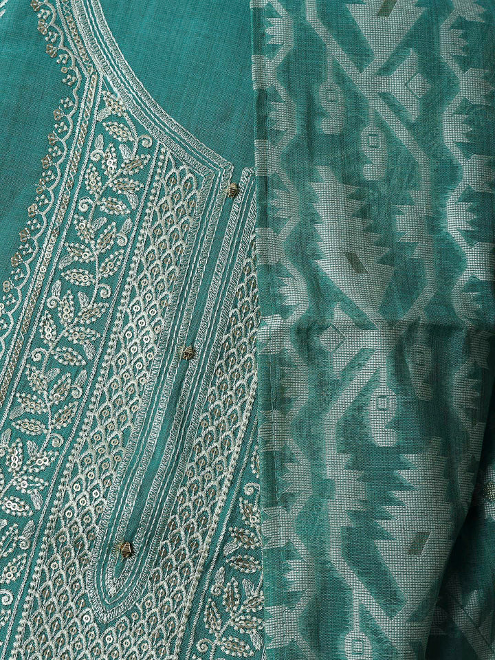 Sea Green Cotton Blend Embroidered Unstitched Dress Material