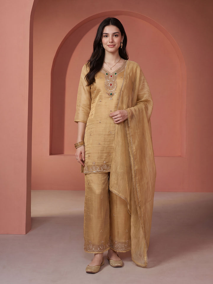 Golden Beige Tissue Embroidered Unstitched Dress Material