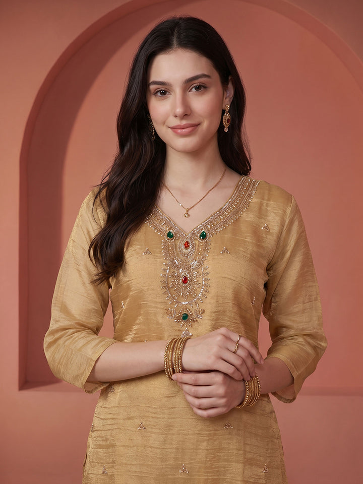 Golden Beige Tissue Embroidered Unstitched Dress Material