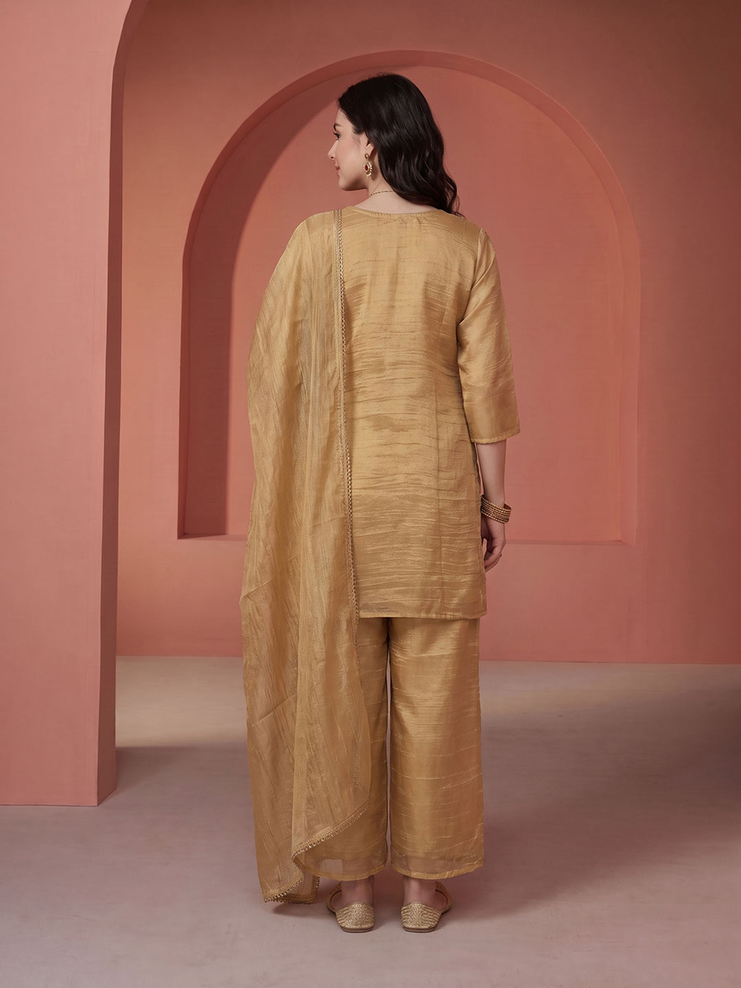 Golden Beige Tissue Embroidered Unstitched Dress Material