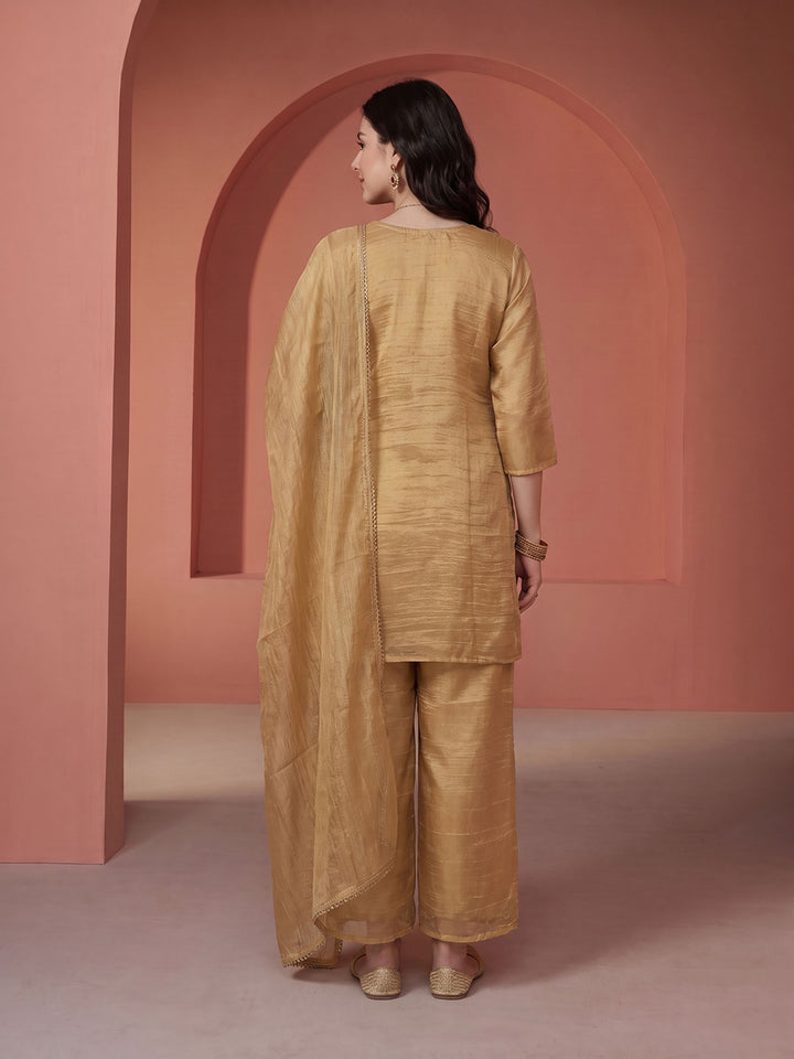 Golden Beige Tissue Embroidered Unstitched Dress Material