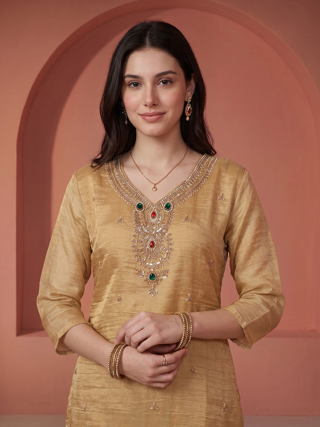 Golden Beige Tissue Embroidered Unstitched Dress Material