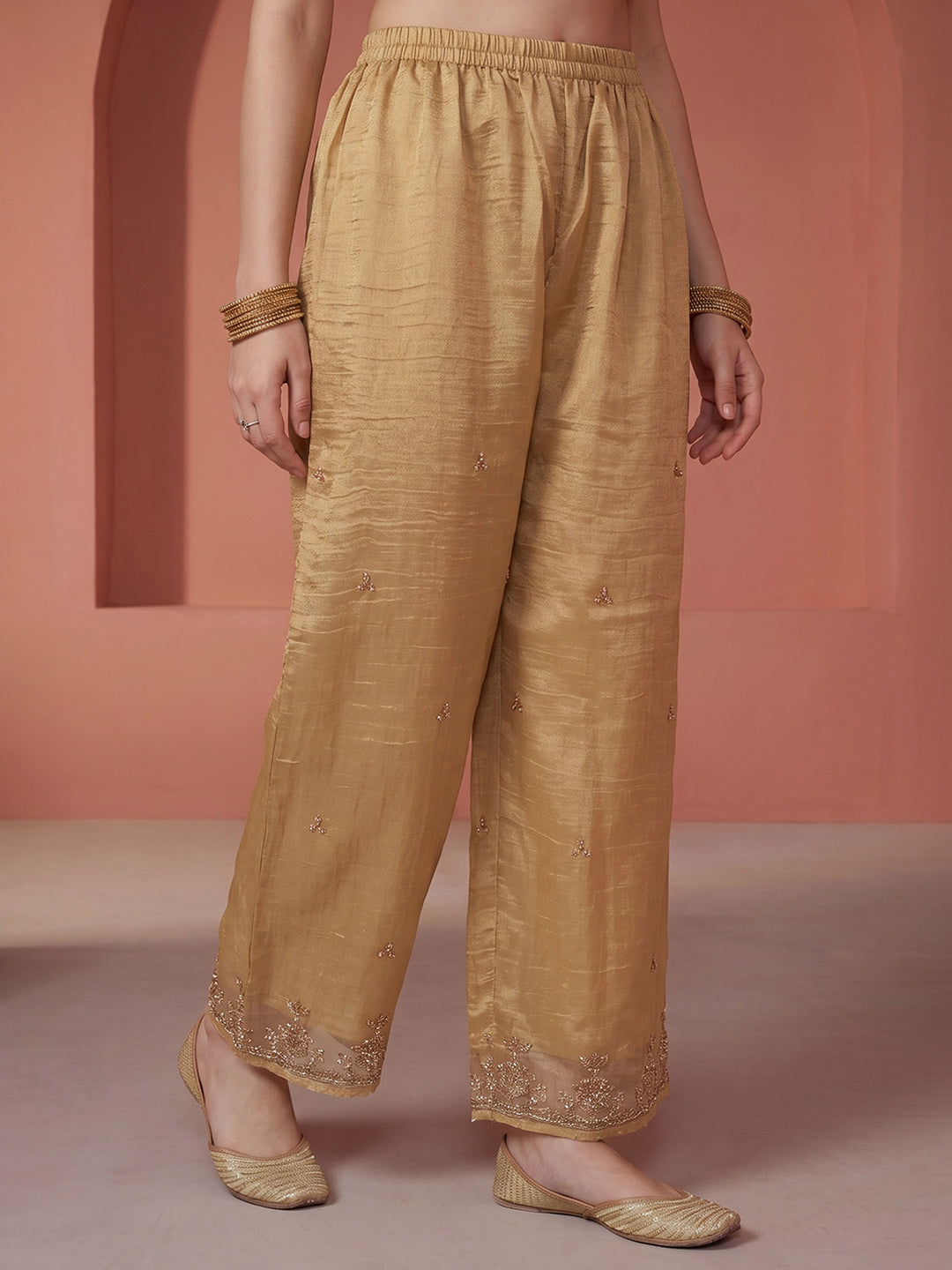 Golden Beige Tissue Embroidered Unstitched Dress Material