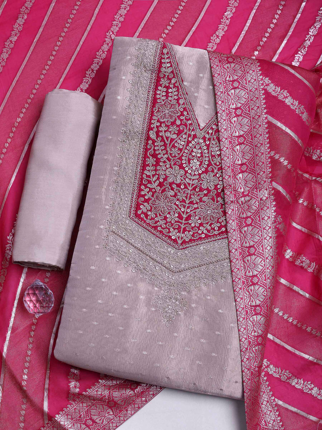 Golden Beige Tissue Embroidered Unstitched Dress Material