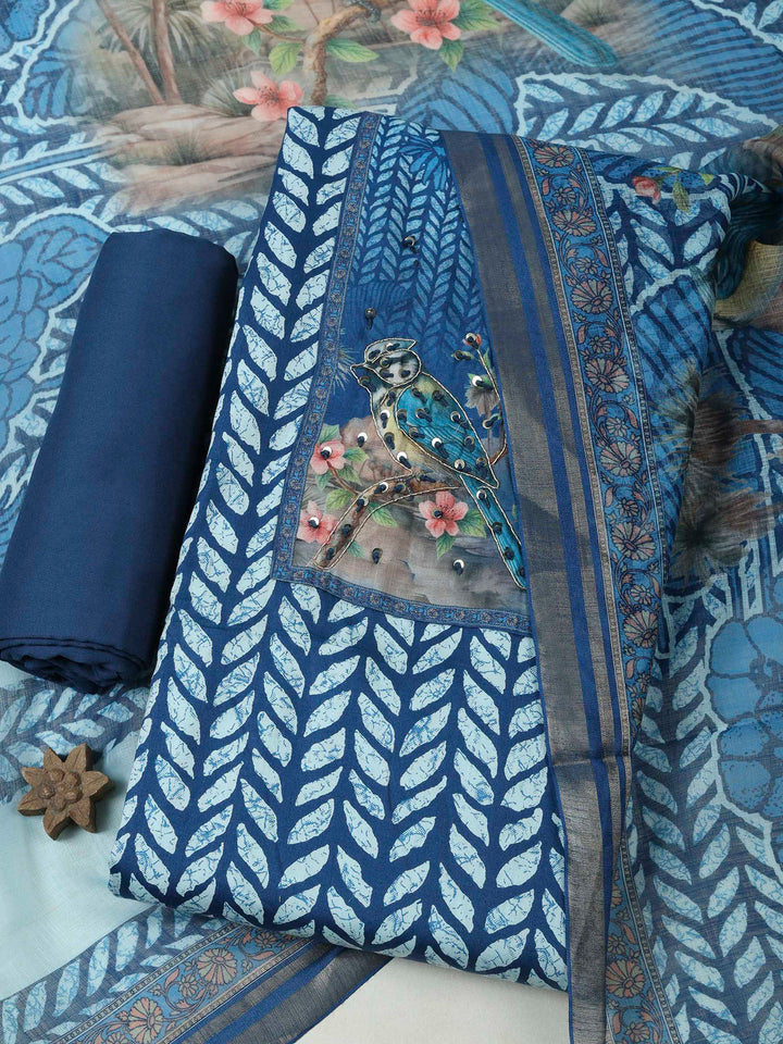 Blue Cotton Blend Printed Unstitched Dress Material