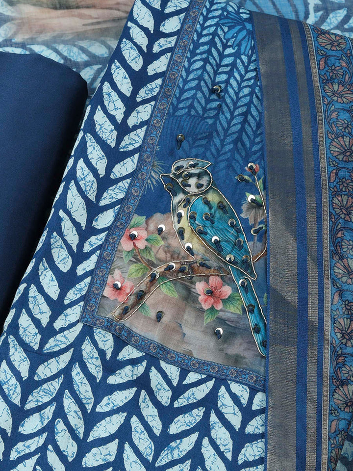 Blue Cotton Blend Printed Unstitched Dress Material