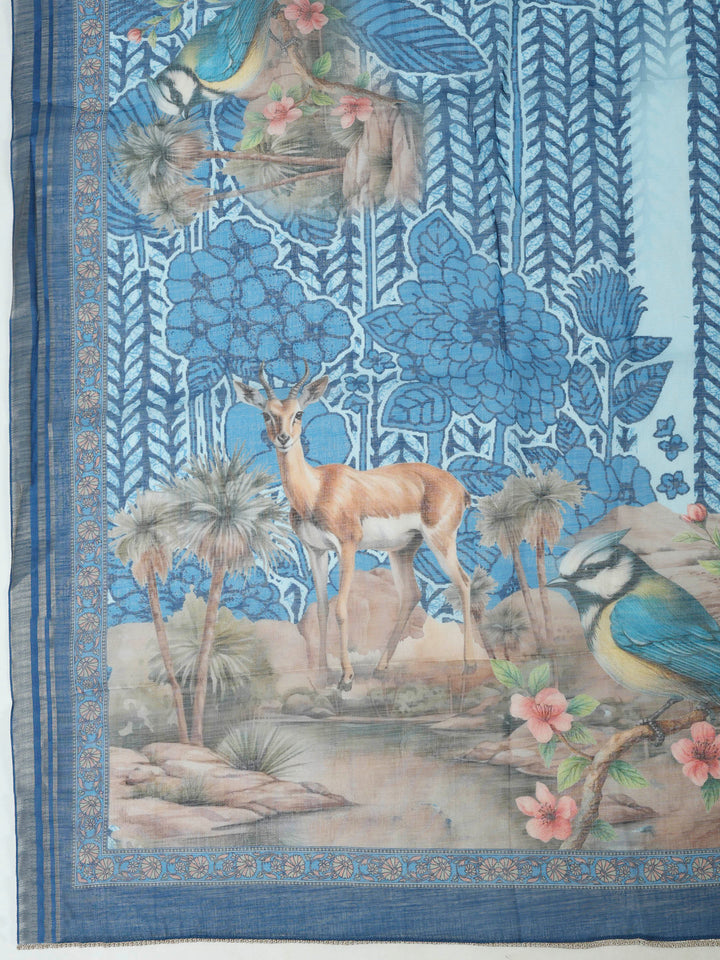 Blue Cotton Blend Printed Unstitched Dress Material
