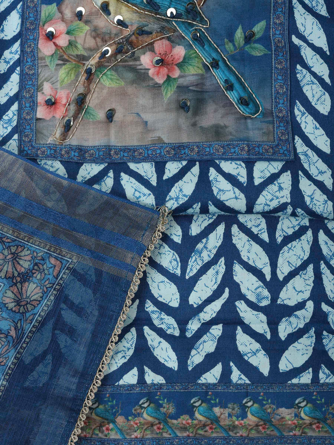 Blue Cotton Blend Printed Unstitched Dress Material