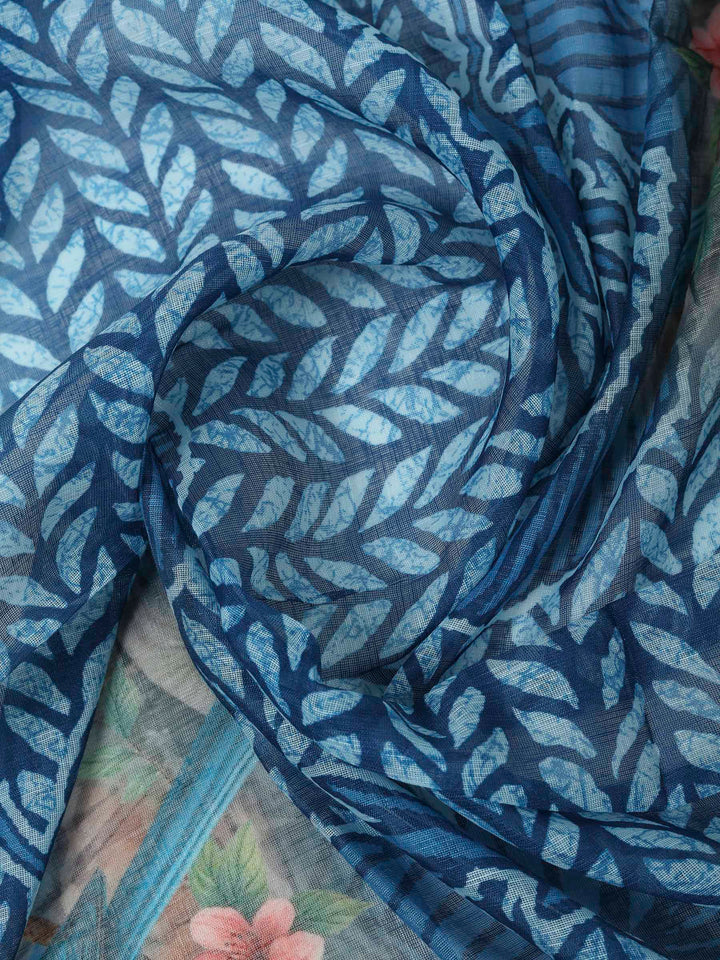 Blue Cotton Blend Printed Unstitched Dress Material