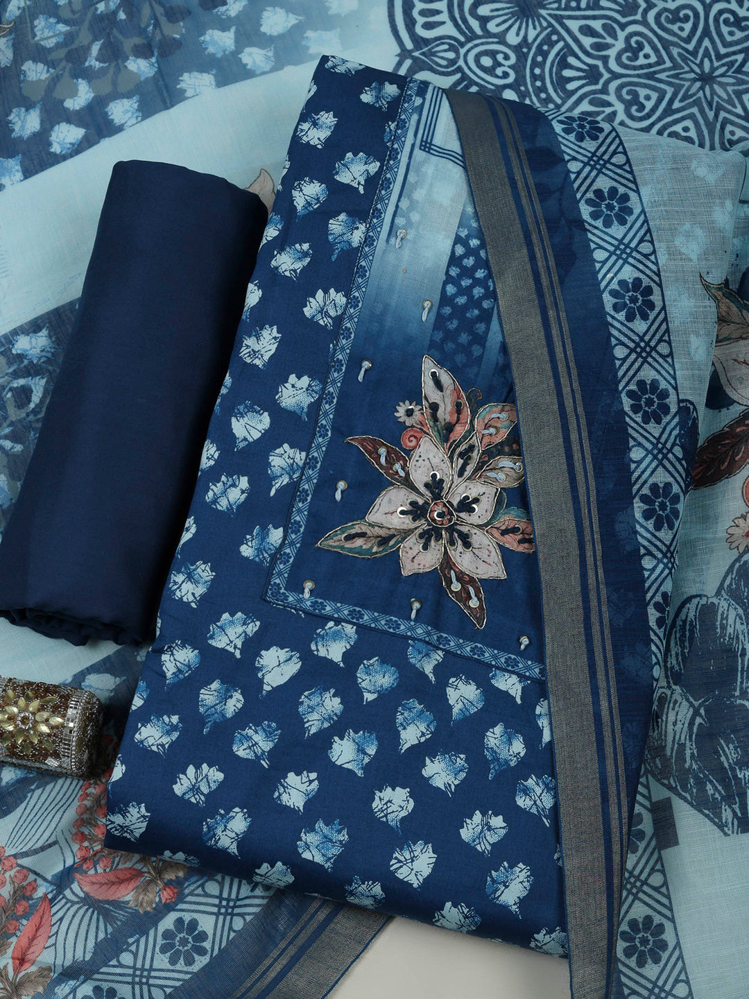 Blue Cotton Blend Printed Unstitched Dress Material