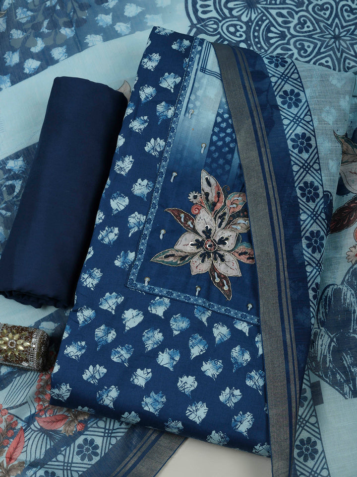 Blue Cotton Blend Printed Unstitched Dress Material