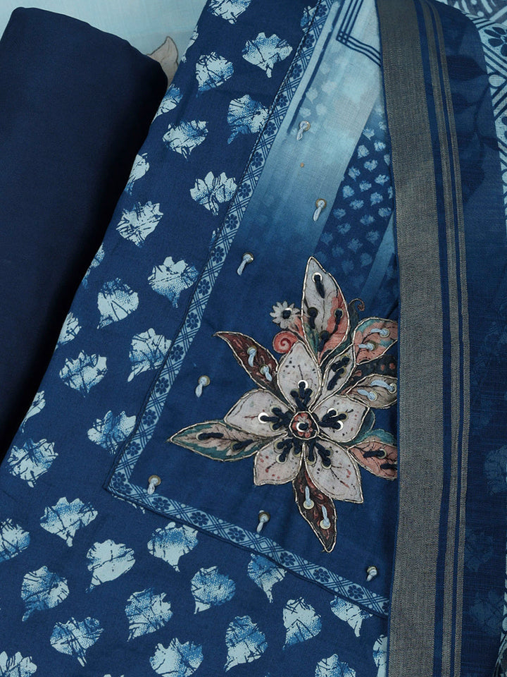 Blue Cotton Blend Printed Unstitched Dress Material