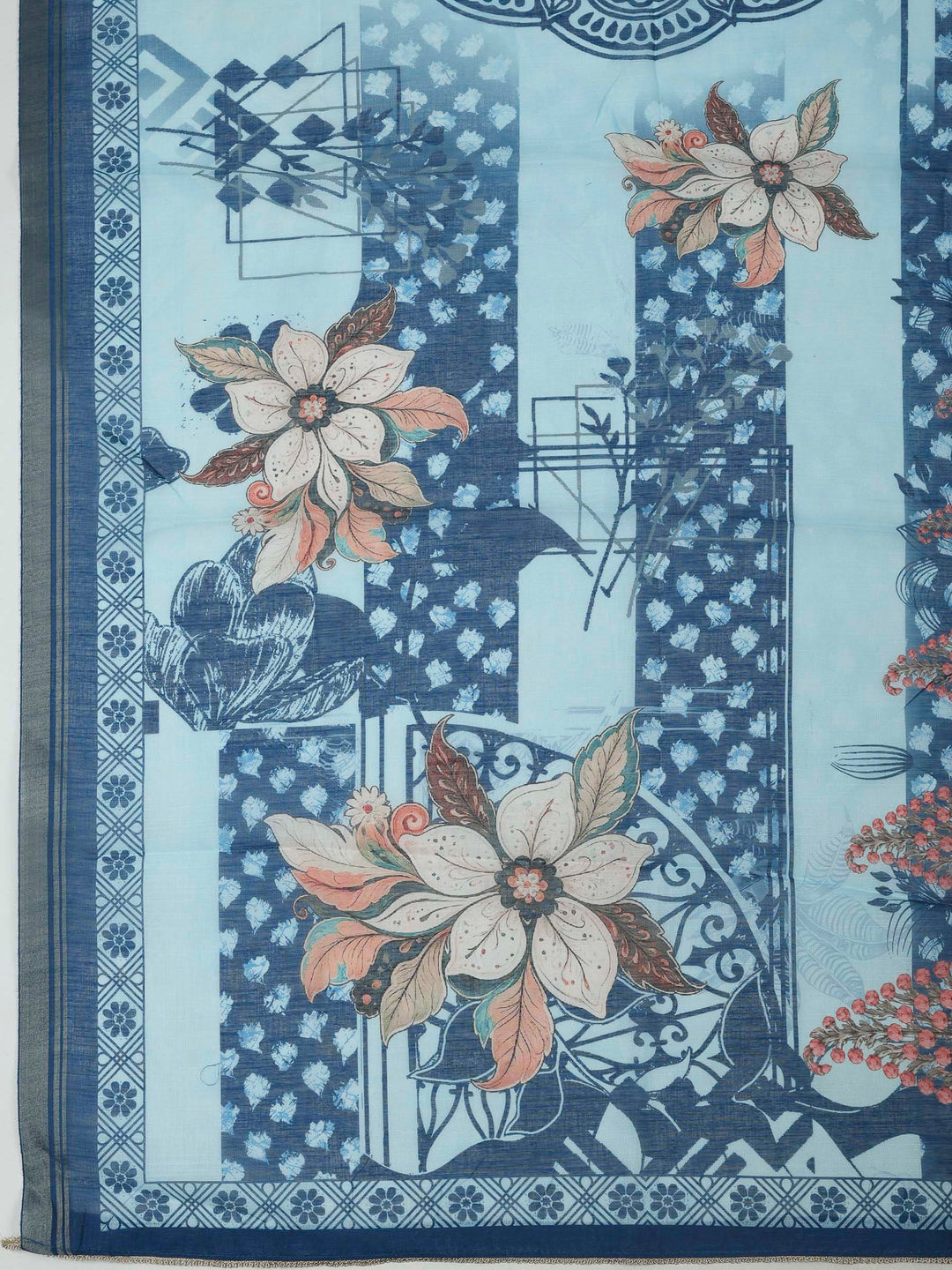 Blue Cotton Blend Printed Unstitched Dress Material
