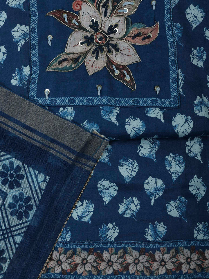 Blue Cotton Blend Printed Unstitched Dress Material