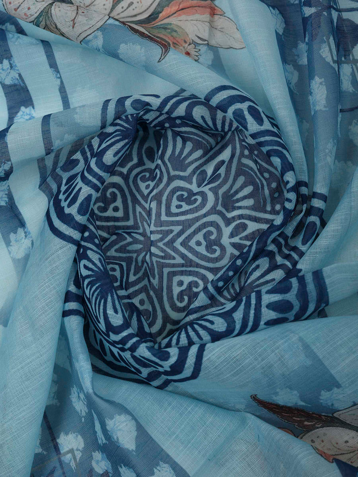 Blue Cotton Blend Printed Unstitched Dress Material