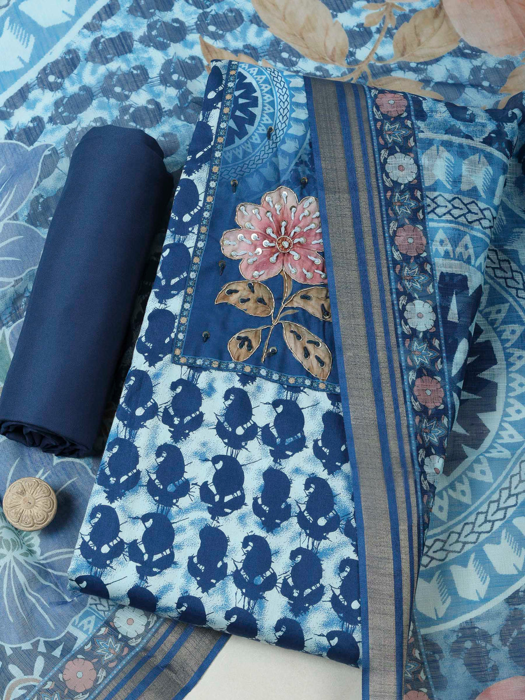 Blue Cotton Blend Printed Unstitched Dress Material
