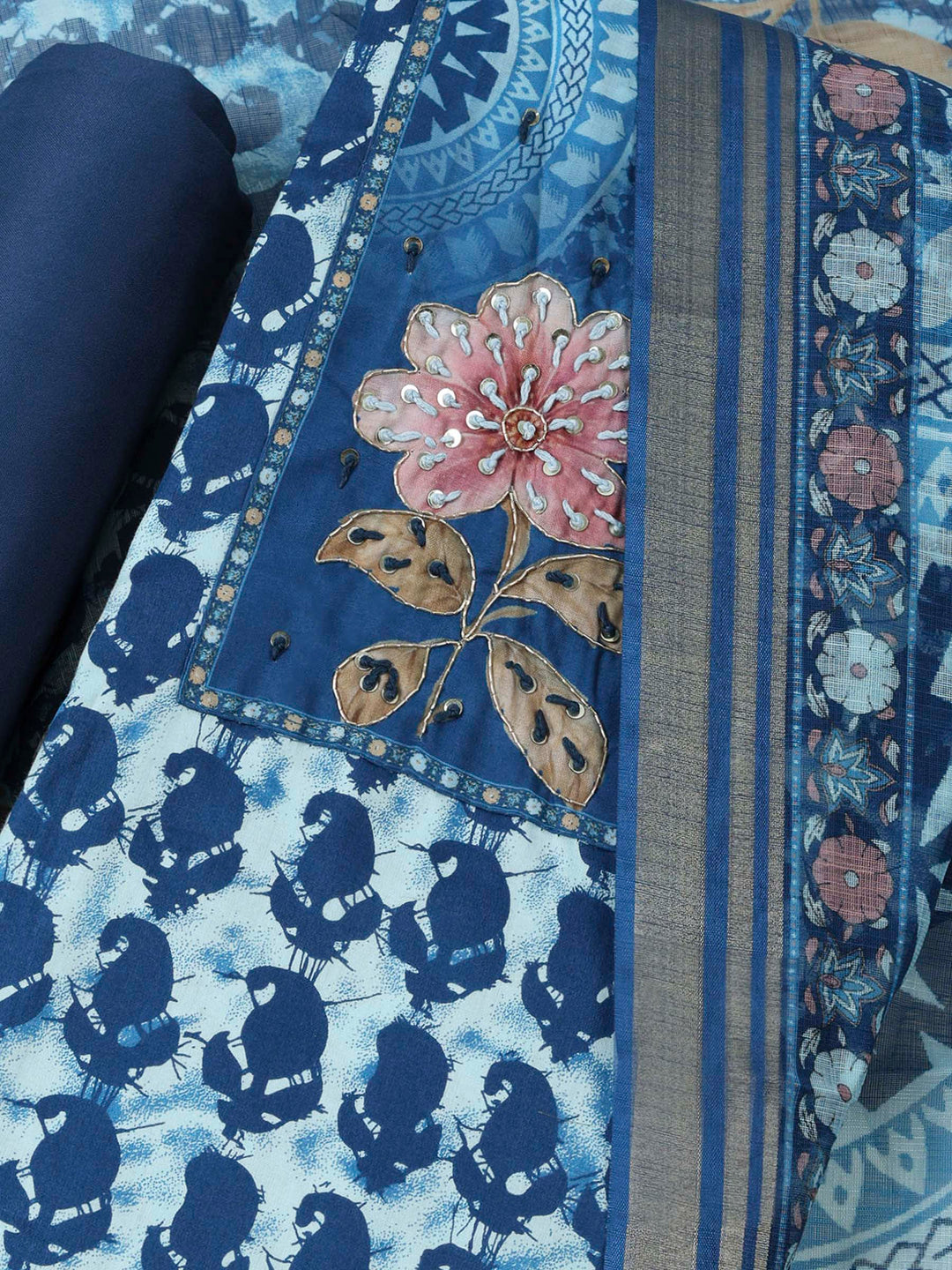 Blue Cotton Blend Printed Unstitched Dress Material