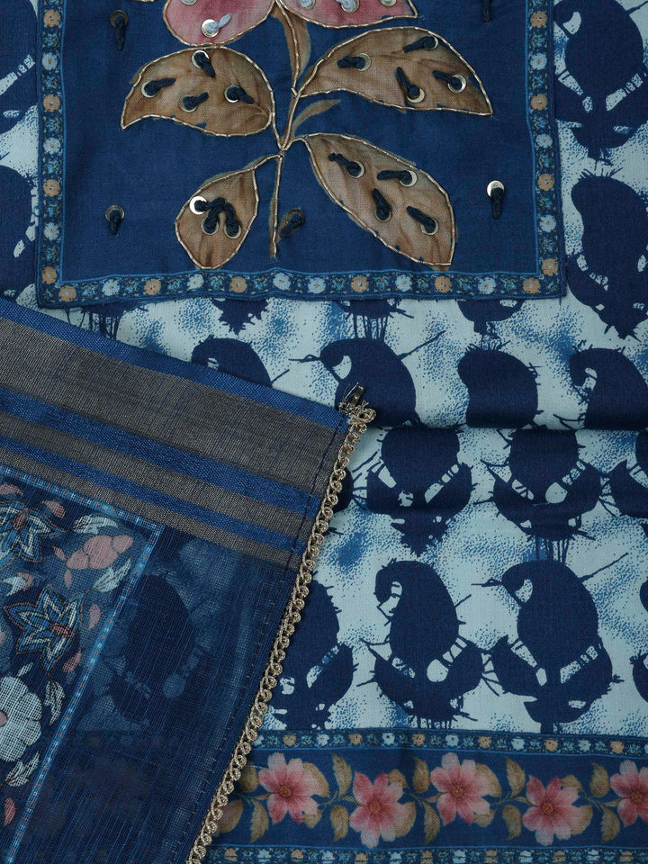 Blue Cotton Blend Printed Unstitched Dress Material