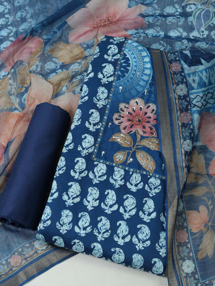 Blue Cotton Blend Printed Unstitched Dress Material
