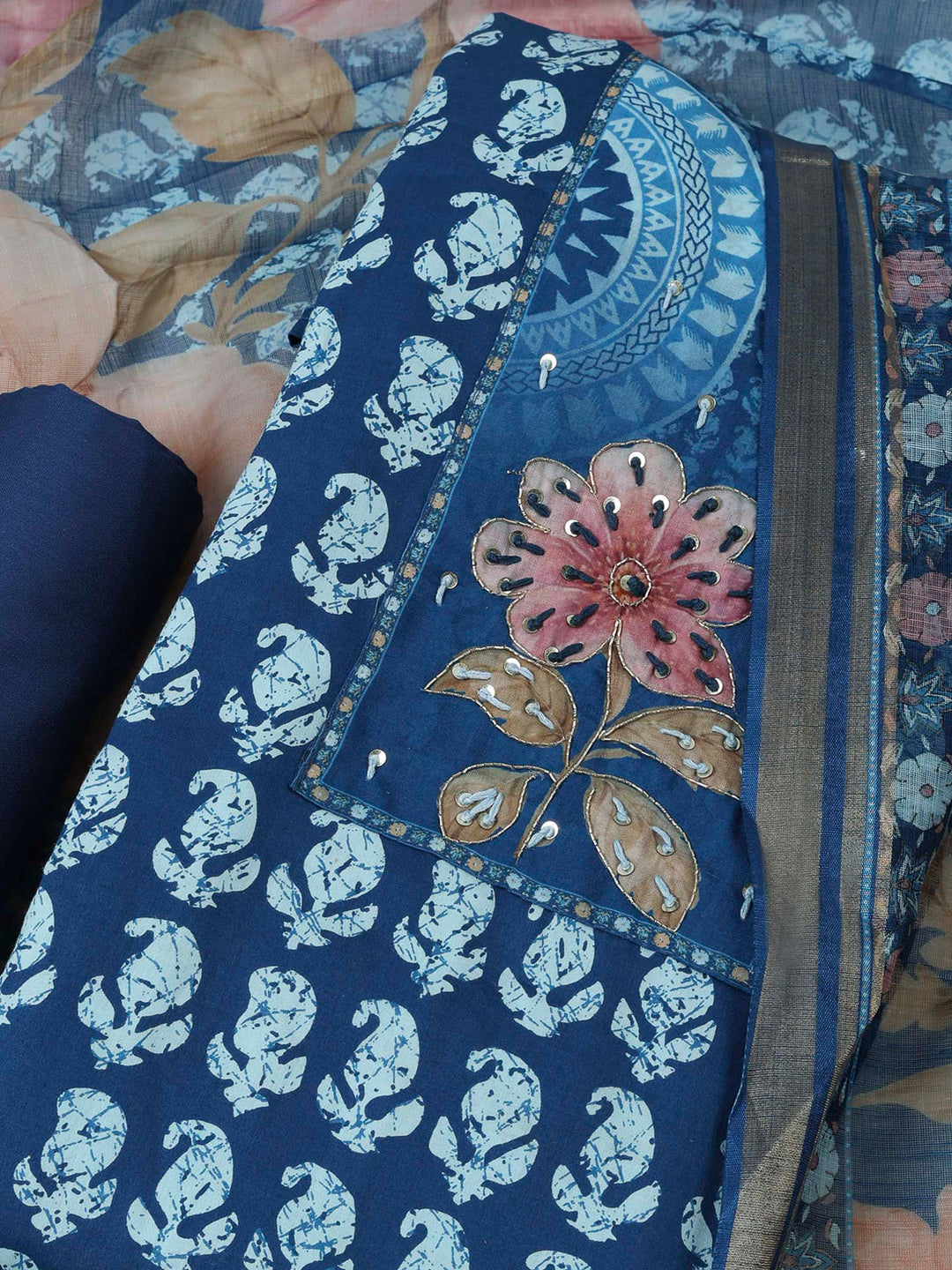 Blue Cotton Blend Printed Unstitched Dress Material