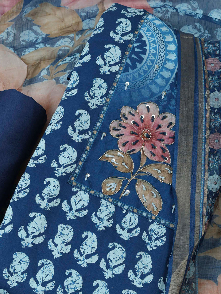 Blue Cotton Blend Printed Unstitched Dress Material