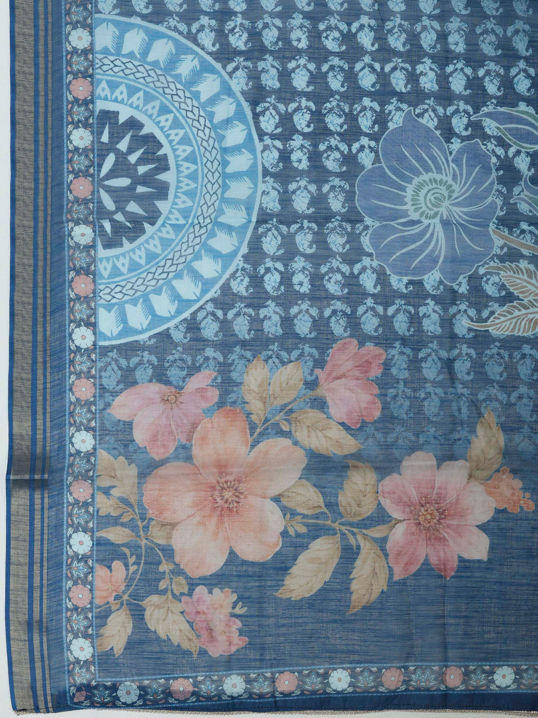 Blue Cotton Blend Printed Unstitched Dress Material