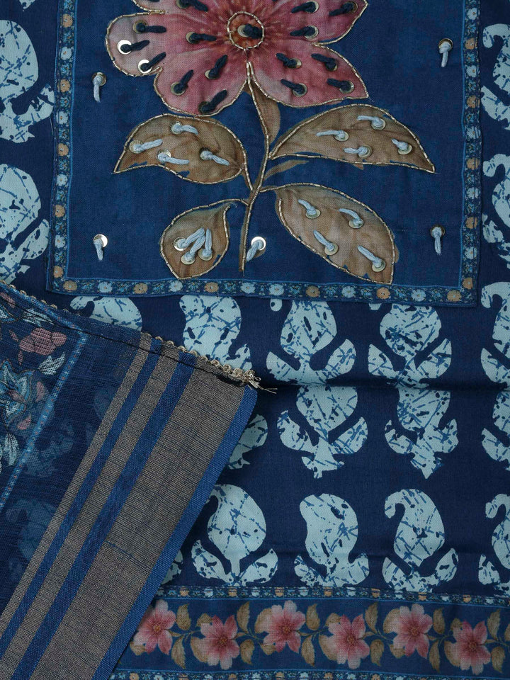 Blue Cotton Blend Printed Unstitched Dress Material