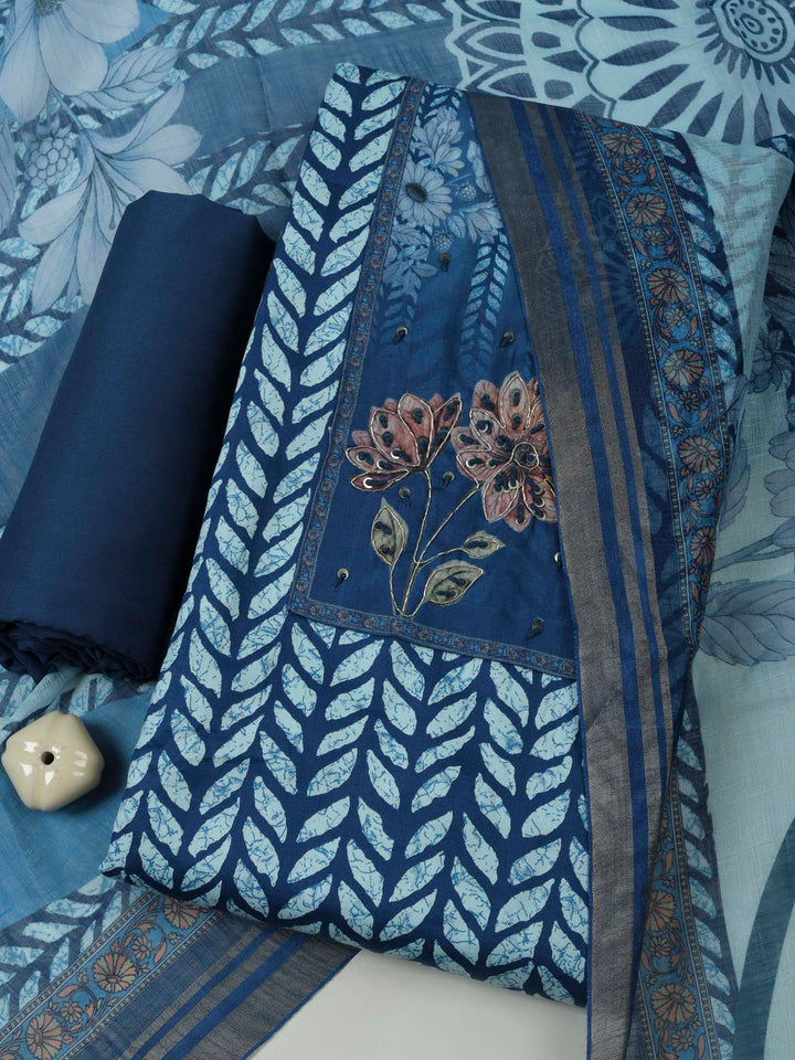 Blue Cotton Blend Printed Unstitched Dress Material