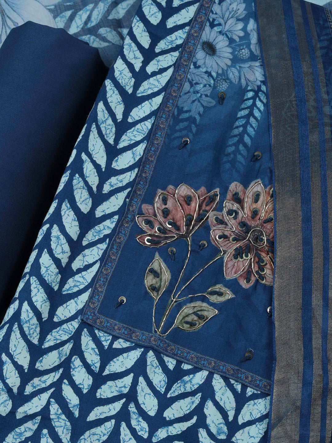 Blue Cotton Blend Printed Unstitched Dress Material