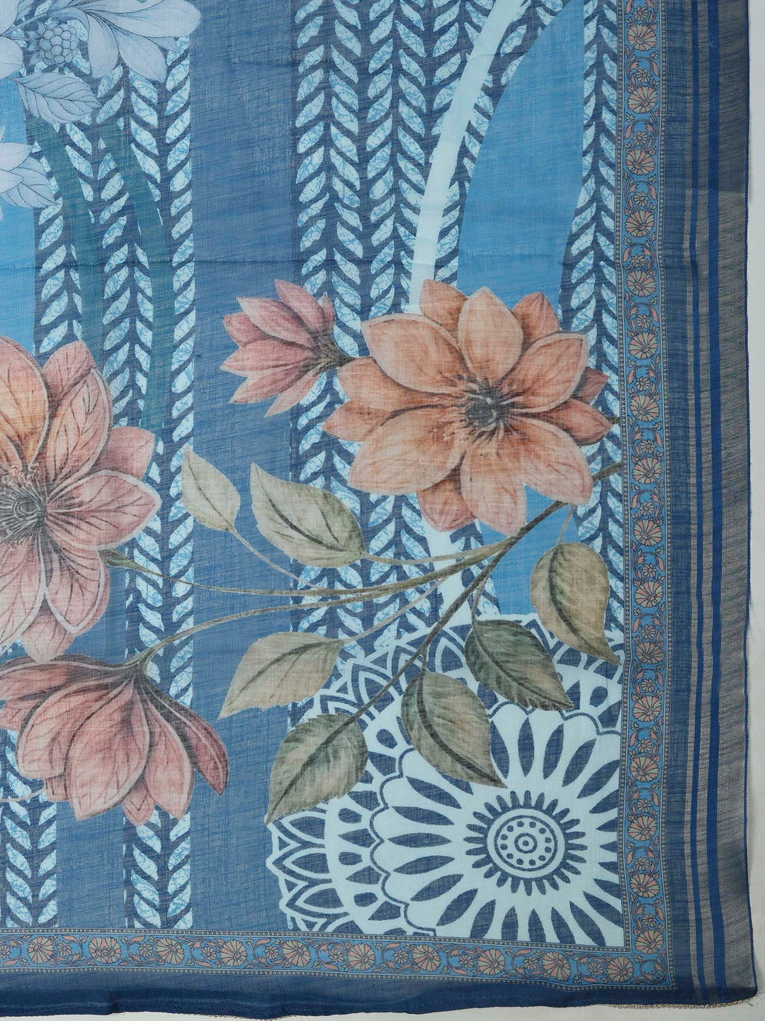 Blue Cotton Blend Printed Unstitched Dress Material