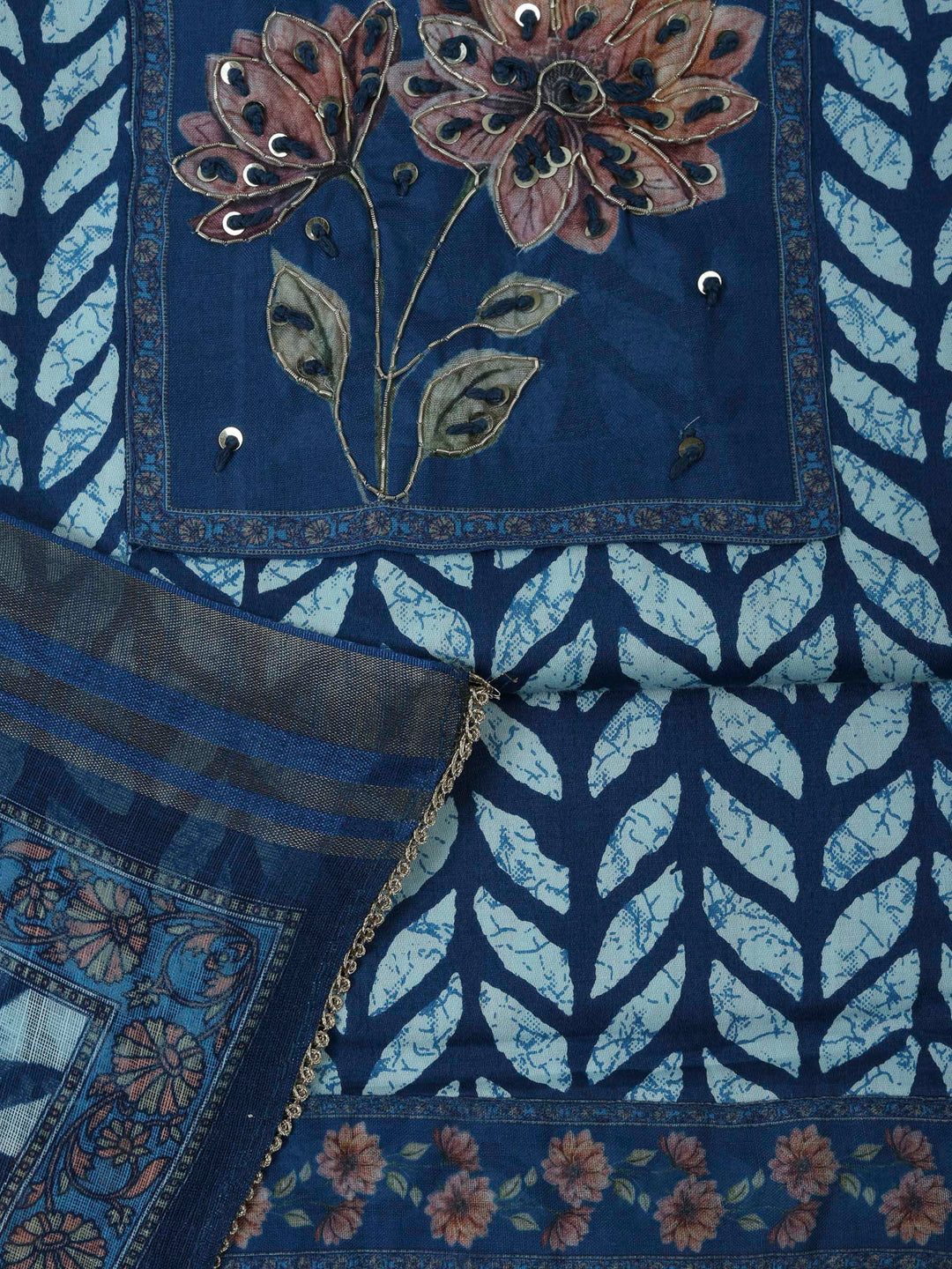 Blue Cotton Blend Printed Unstitched Dress Material