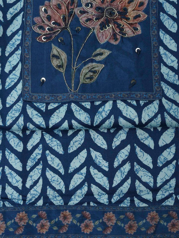 Blue Cotton Blend Printed Unstitched Dress Material