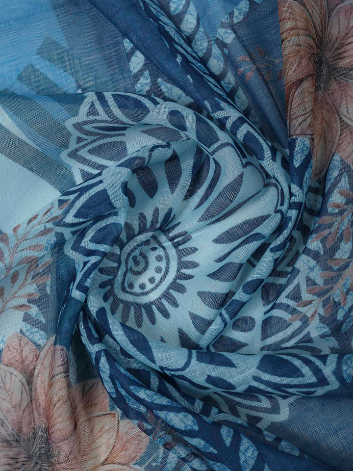Blue Cotton Blend Printed Unstitched Dress Material