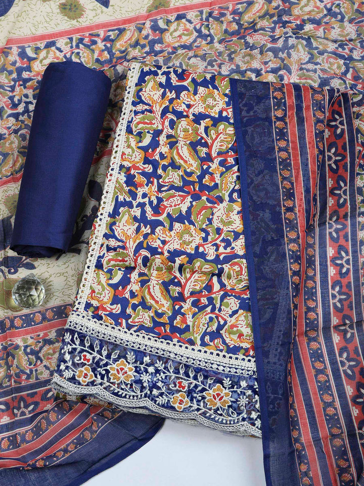 Navy Blue Cotton Blend Printed Unstitched Dress Material